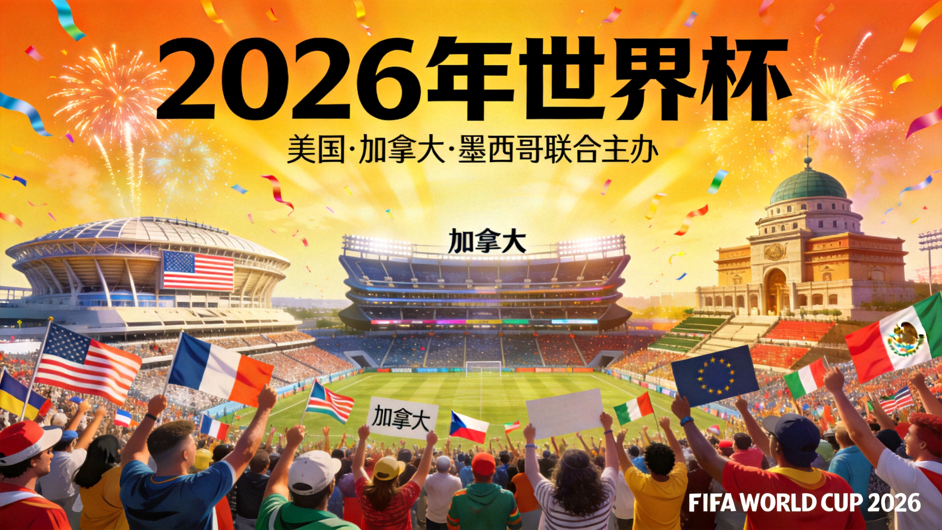 2026年世界杯概念海报，展现北美三大主办国体育场与球迷狂欢的宏大场景